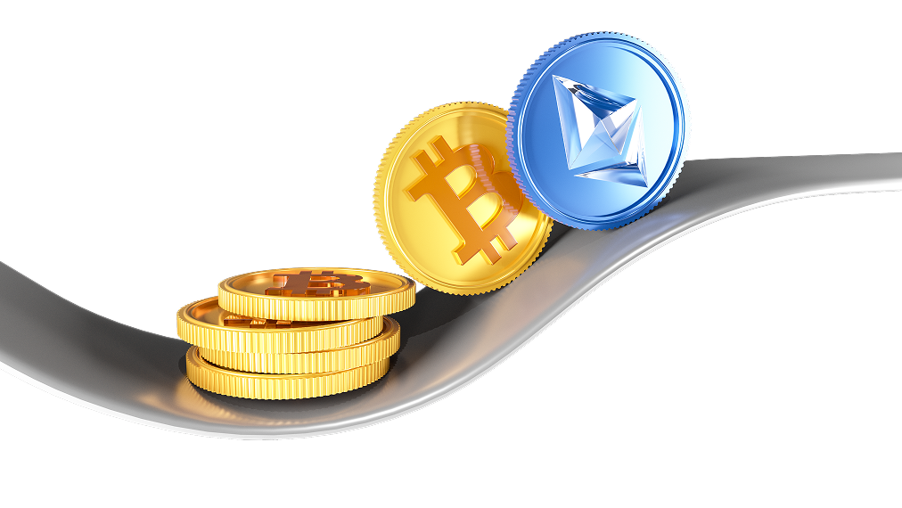 Sculptural Bitcoin and Ethereum coins on a polished silver ribbon