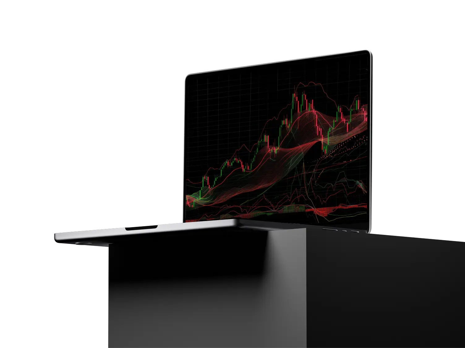 A silver laptop displaying a detailed candlestick trading chart
